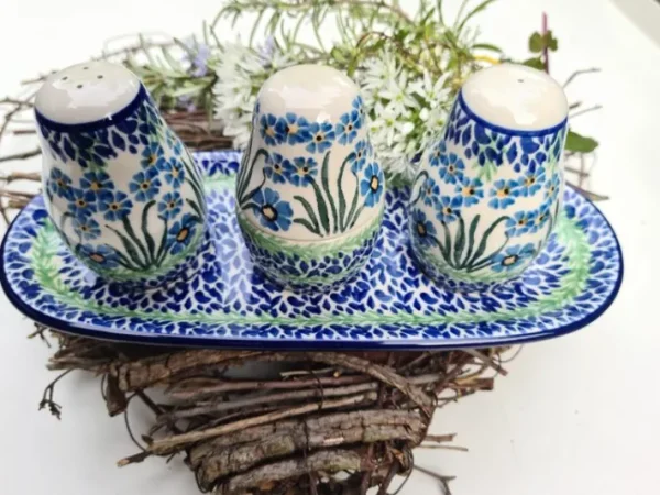 Salz, Pfeffer & Zahnstocher-Set m. Tablett, Forget me not, BSN J-4790^Bunzlauer Keramik New