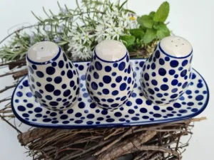 Salz, Pfeffer & Zahnstocher-Set m. Tablett, Crazy Dots, BSN A-0315^Bunzlauer Keramik Clearance