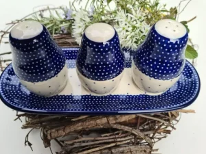 Salz, Pfeffer &amp; Zahnstocher-Set mit Tablett, Unikat 18 BSN 1048^Bunzlauer Keramik Outlet