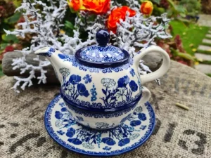 Teekanne für eine Person 600 ml mit Tasse Untertasse, Garden of Joy^Bunzlauer Keramik Discount