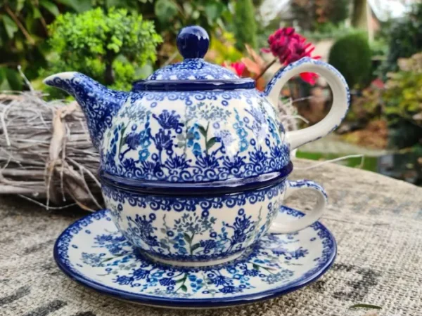 Teekanne für eine Person 600 ml mit Tasse Untertasse,Floral Party^Bunzlauer Keramik Outlet