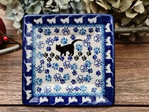 Teller / Platte 15x15 cm, Katze^Bunzlauer Keramik New